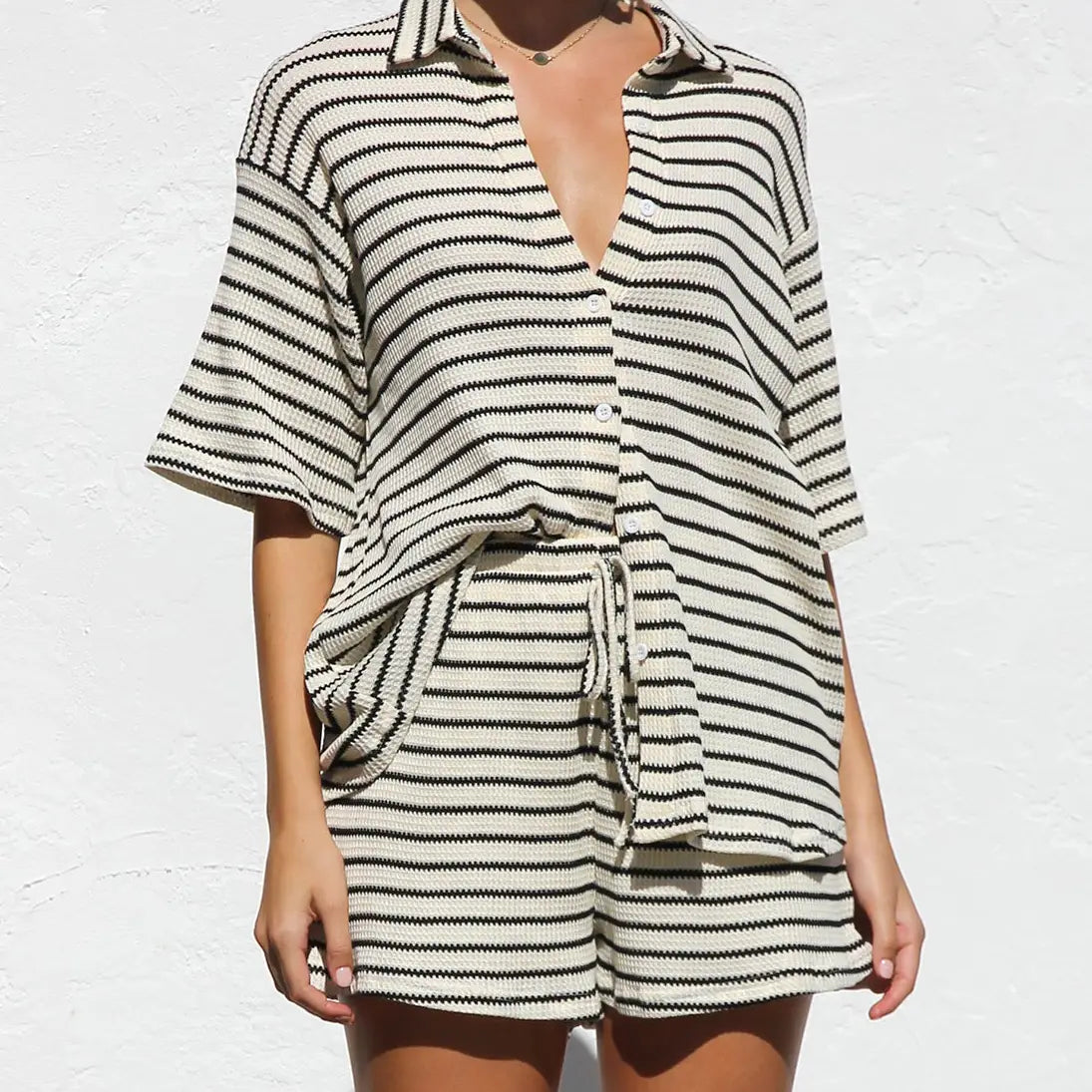 Waffle Striped Shirt and Shorts Set | Women