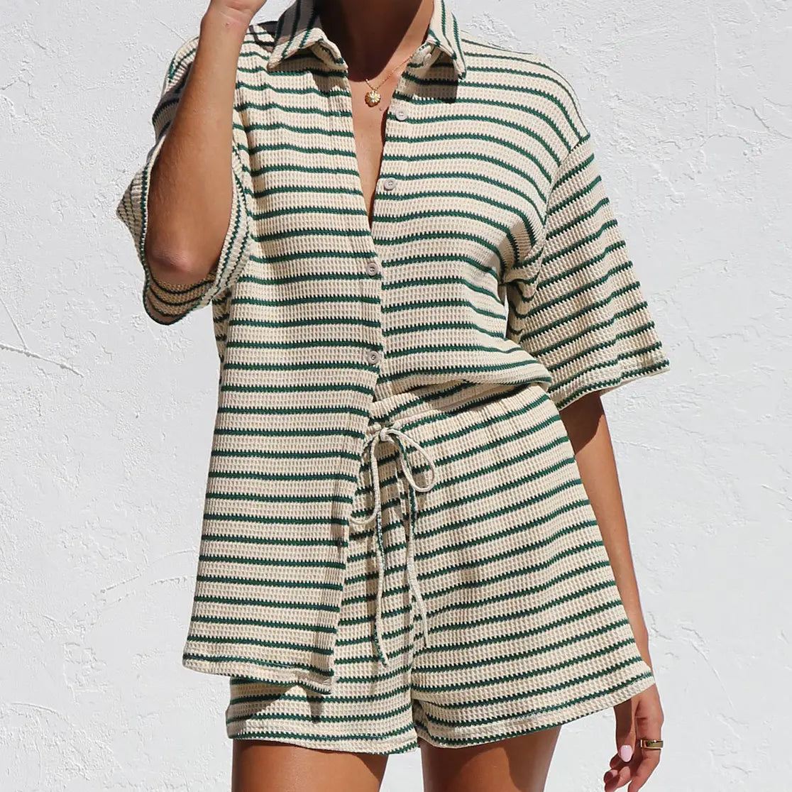 Waffle Striped Shirt and Shorts Set | Women