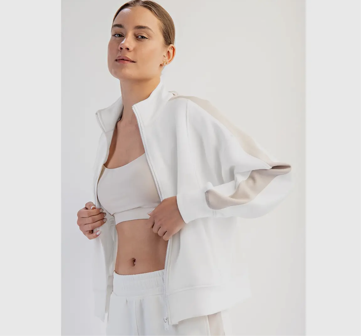 Modal Scuba Striping Zip Up Jacket | Mocha Cream