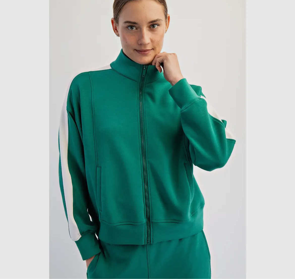 Modal Scuba Striping Zip Up Jacket | Mocha Cream