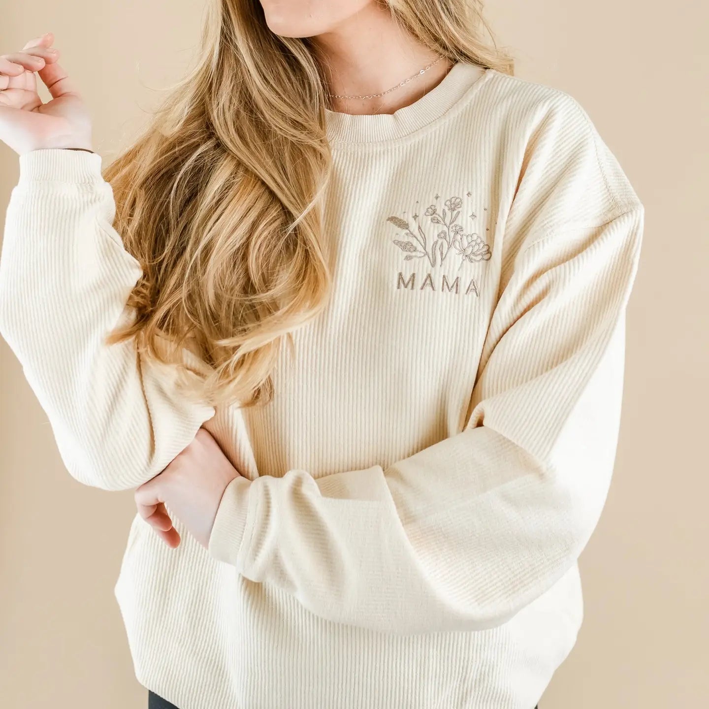 Embroidered Mama Monochromatic Corded Crewneck