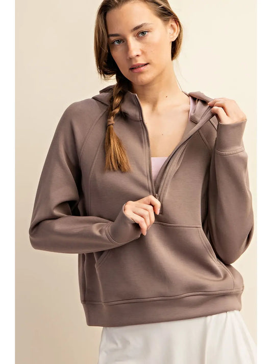 Modal Scuba Quarter Zip Hoodie Jacket | Mocha