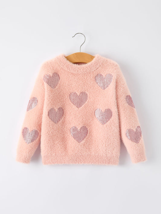 Valentine's Day Light Pink Girls Heart Sequins Sweater