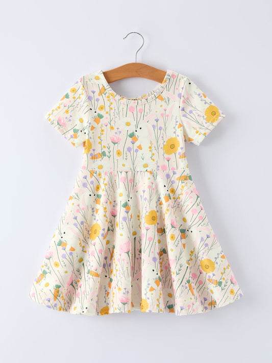 Spring Easter Bunny Yellow Floral Girls Dress