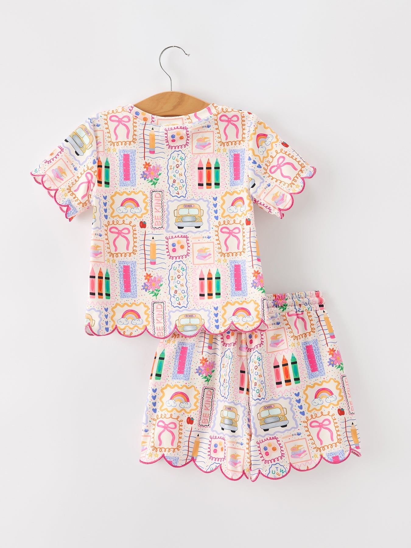 Back to School Print Girl Short Set Scallop Hem
