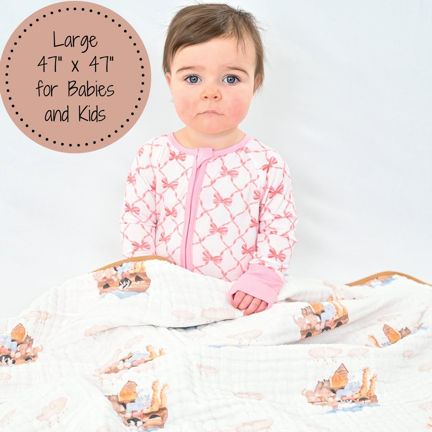 LollyBanks Muslin Baby Blanket, 100% Cotton Lightweight Baby Quilt, 47"x 47" and 6 Layers Newborn Blanket, (Noah's Ark Pattern)