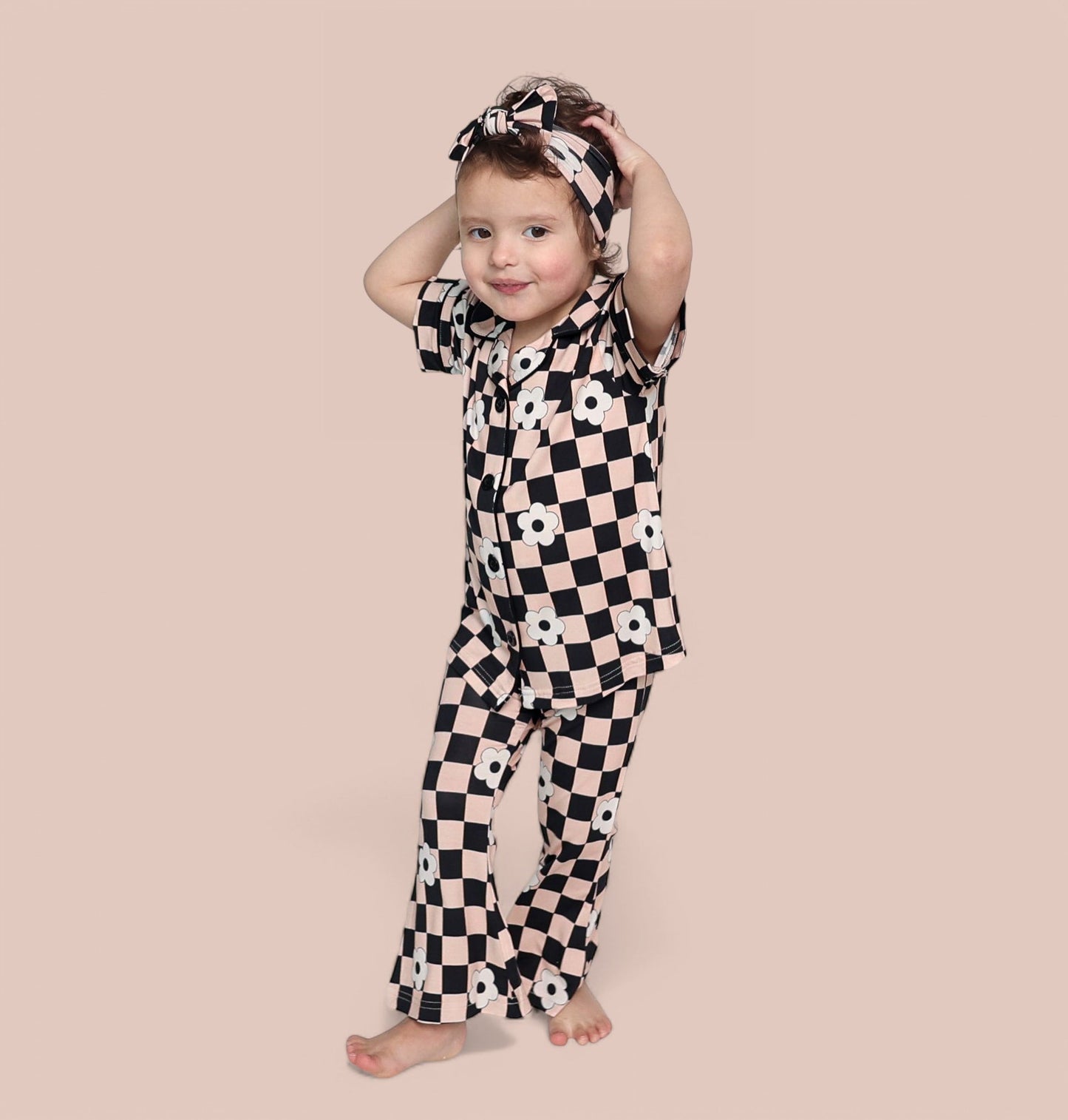 RETRO DAISY CHECKS SHORT SLEEVE DREAM GIRL'S FLARE SET