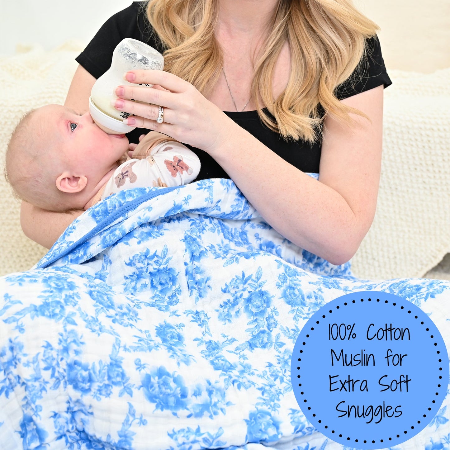 Blue Peony Muslin Baby Blanket