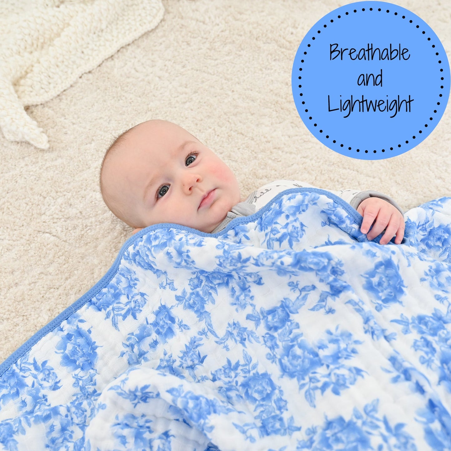 Blue Peony Muslin Baby Blanket