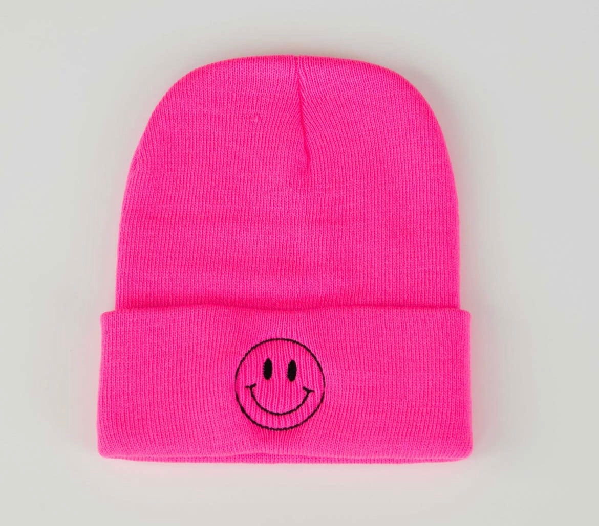 Hot Pink Smiley Face Beanie | Adult