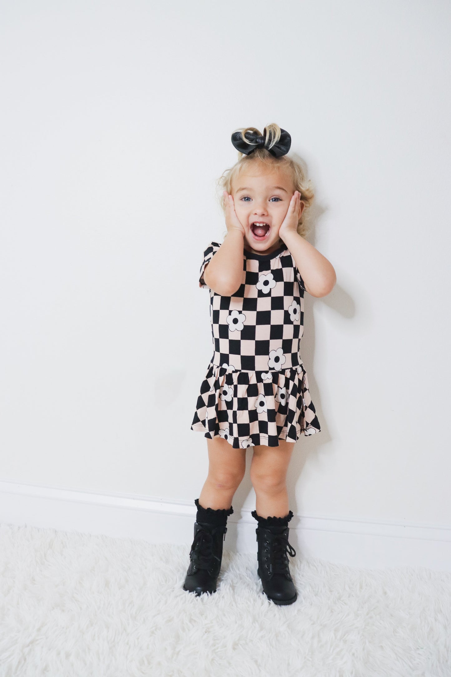 RETRO DAISY CHECKS SHORT SLEEVE DREAM BODYSUIT DRESS