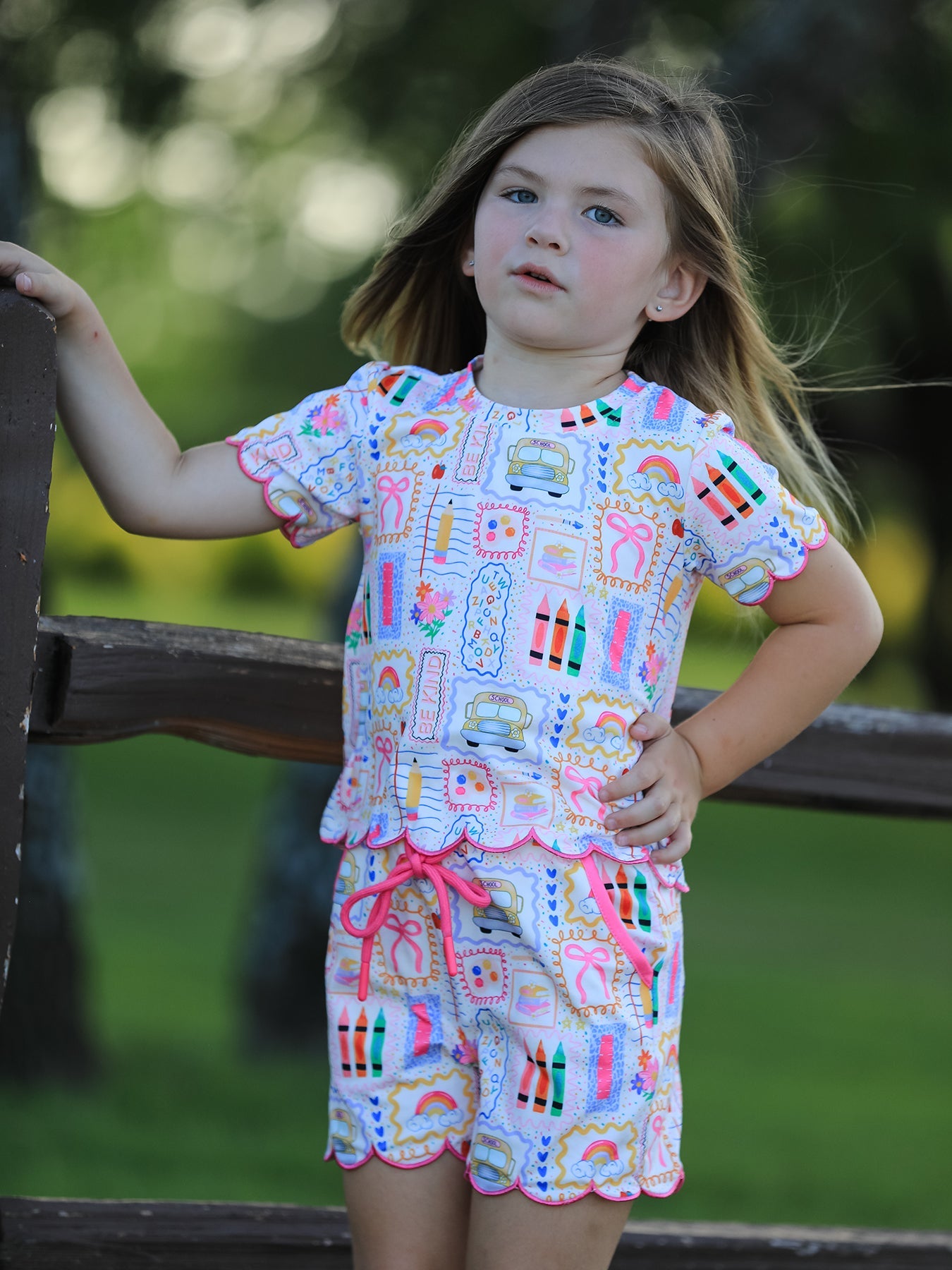 Back to School Print Girl Short Set Scallop Hem
