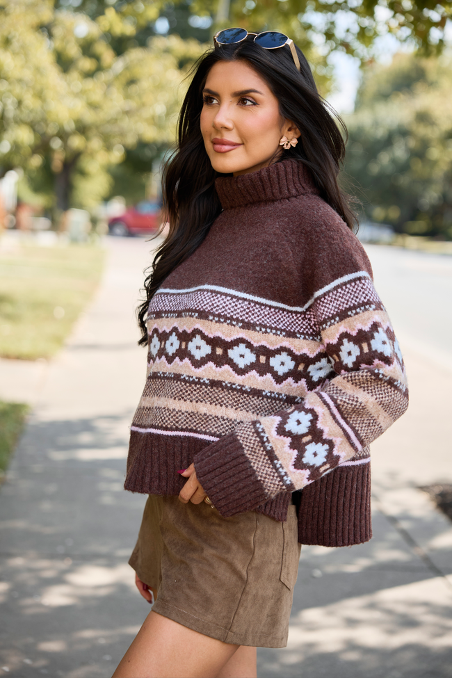 Winter Cottage Cropped Fair Isle Turtleneck Sweater Brown/Pink