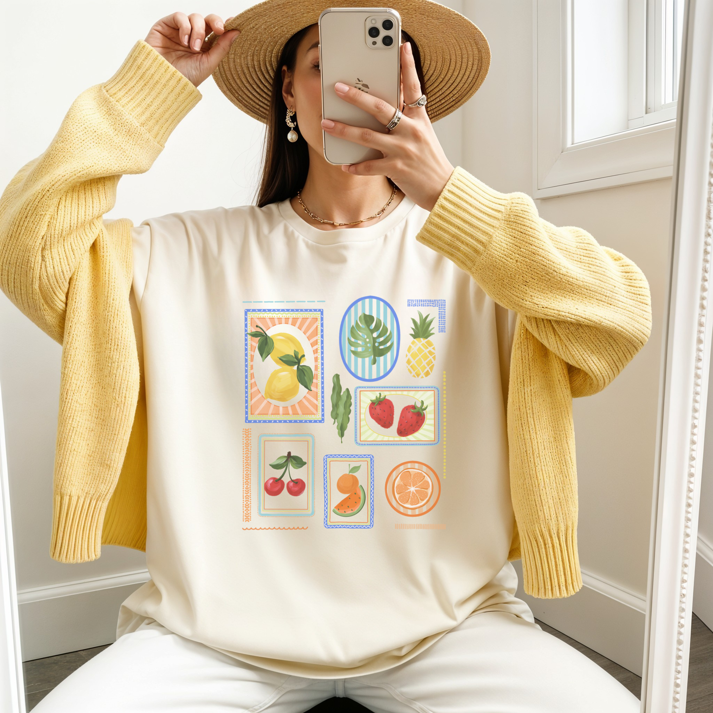 Retro Fruit Block Graphic Tee – Citrus Strawberry Cherry Summer Shirt